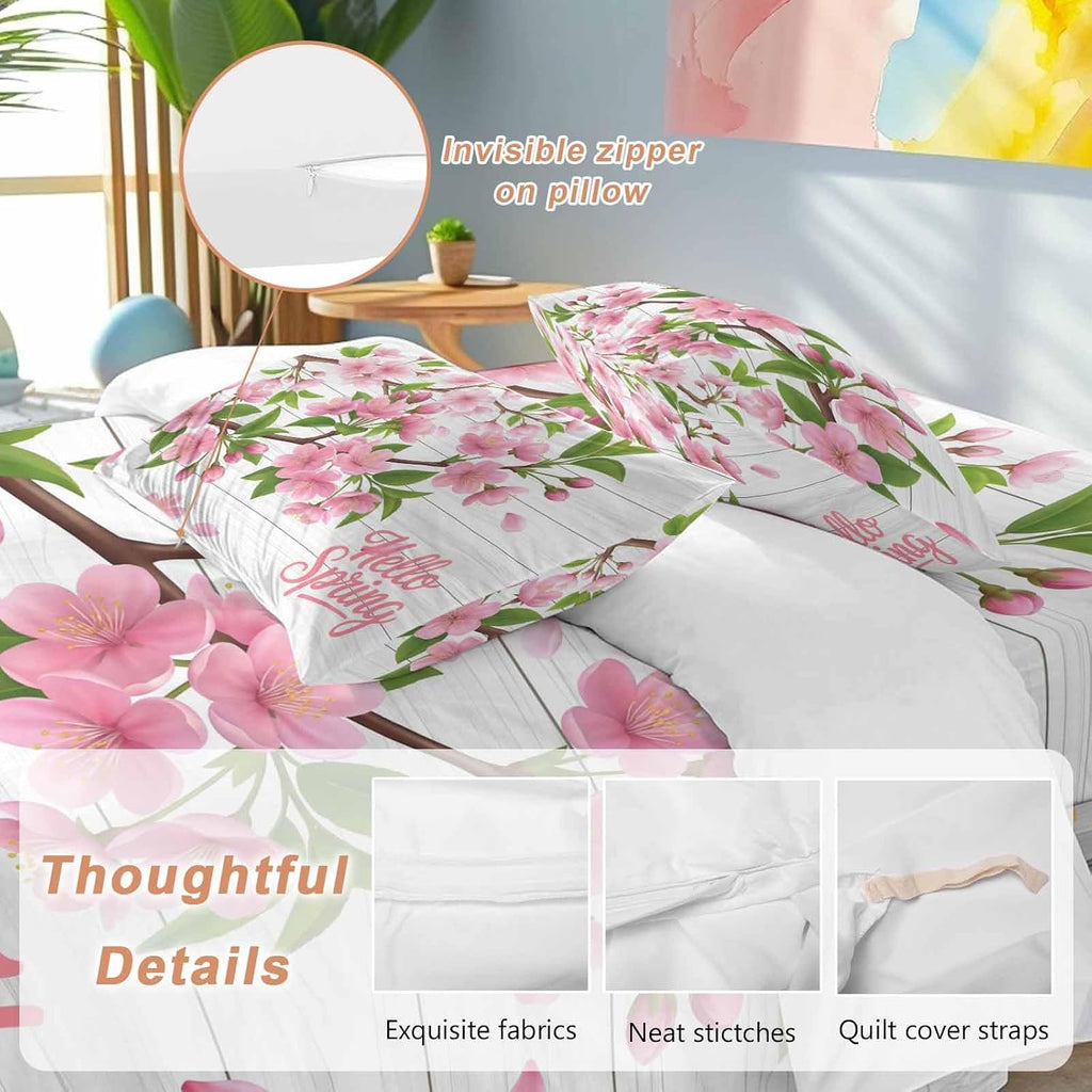 Hello Spring Floral Duvet Cover Set Queen Size 4 Pieces Watercolor Flower Green Leaves Wood Grain Bedding Set with Zipper Closure, 1 Comforter Cover 86x86 Inches 1 Flat Sheet & 2 Pillow Cases