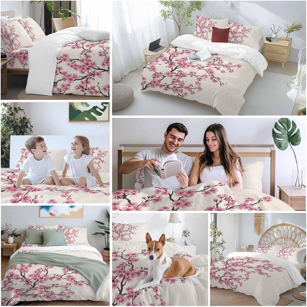 Pink Cherry Flowers Duvet Cover Set Queen Size 4 Pieces Watercolor Floral Tree Branches Linen Texture Bedding Set with Zipper Closure, 1 Comforter Cover 92x106 Inches 1 Flat Sheet & 2 Pillow Cases