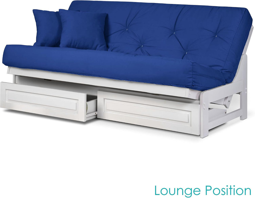 Nirvana Futons Arden White Futon with Storage Drawers Full or Queen Size - Space Saving Armless Design with Comfortable Mattress Included (Twill Royal Blue), Sofa Bed Available in