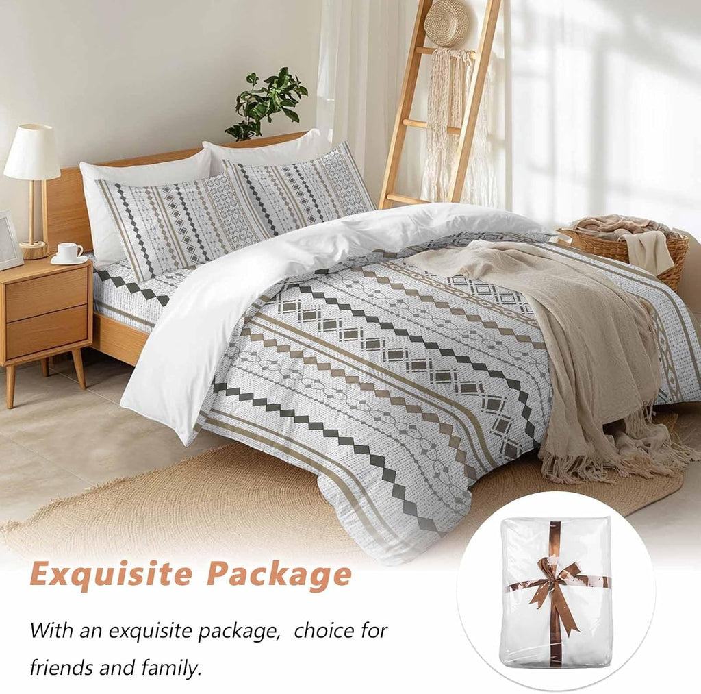 Bohemia Geometric Duvet Cover Set Queen Size 4 Pieces Brown Stripes Diamond Ethnic Linen Texture Bedding Set with Zipper Closure, 1 Comforter Cover 92x106 Inches 1 Flat Sheet & 2 Pillow Cases