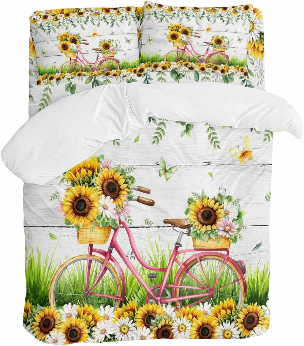 Spring Floral Duvet Cover Set Queen Size 4 Pieces Sunflower Daisy Bike Eucalyptus Leaves Grey Wood Bedding Set with Zipper Closure, 1 Comforter Cover 86x86 Inches 1 Flat Sheet & 2 Pillow Cases
