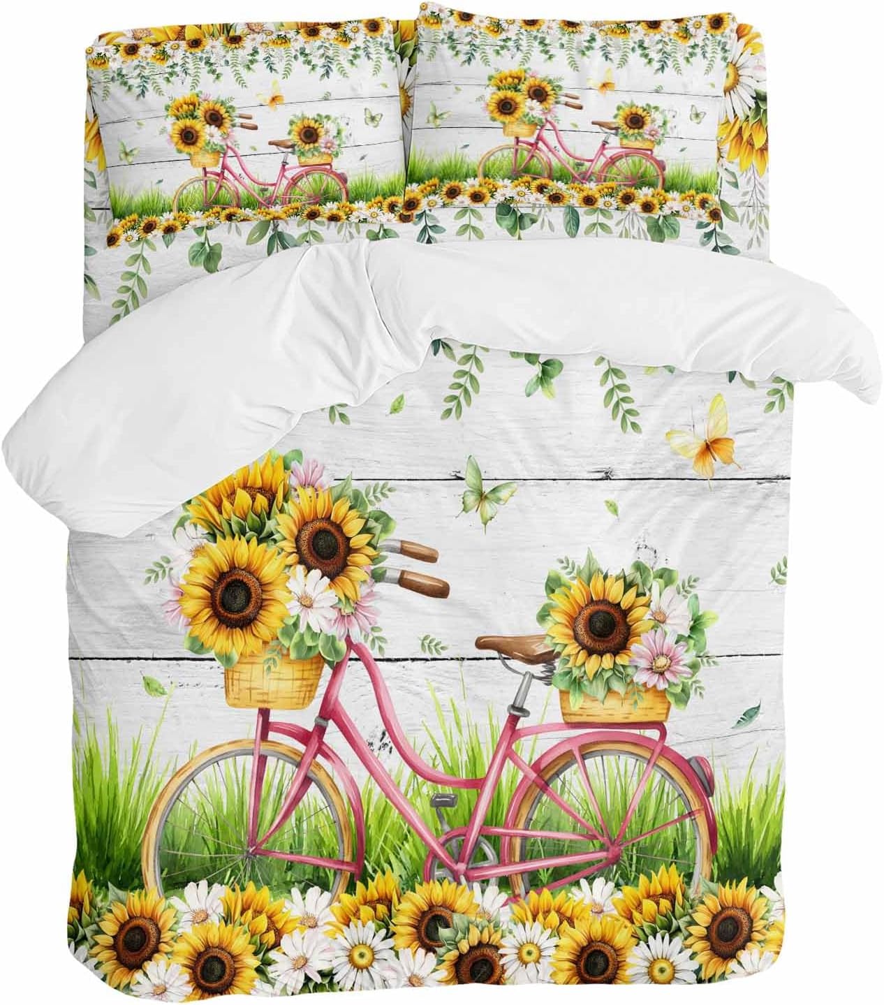 Spring Floral Duvet Cover Set Queen Size 4 Pieces Sunflower Daisy Bike Eucalyptus Leaves Grey Wood Bedding Set with Zipper Closure, 1 Comforter Cover 86x86 Inches 1 Flat Sheet & 2 Pillow Cases
