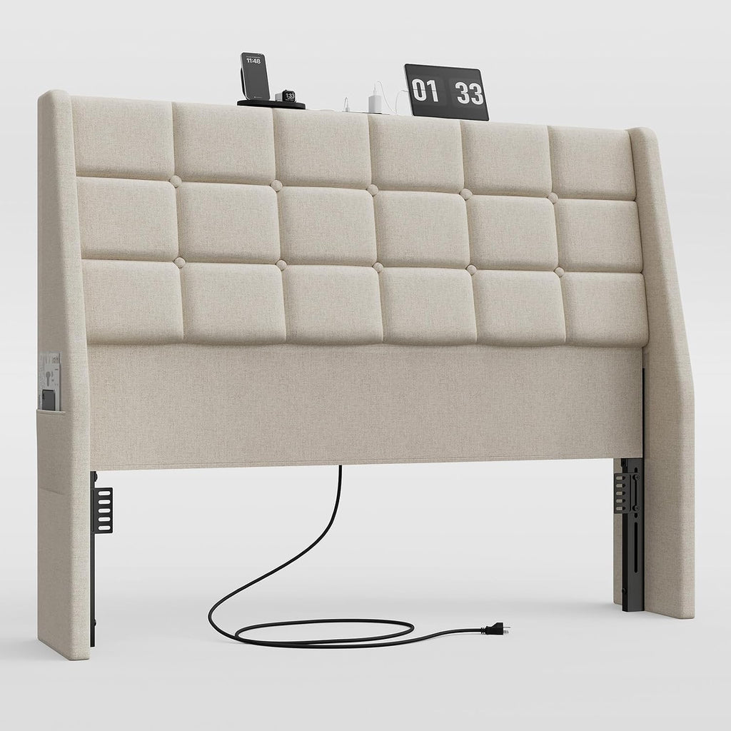 Ergonomic Upholstered Headboard Full Size w/Charging Station, Linen Wingback Headboards w/Storage Pocket, Full Headboard Only, Bed Frame Adapters, Sturdy Stable Solid Wood Bed Head Board, Beige