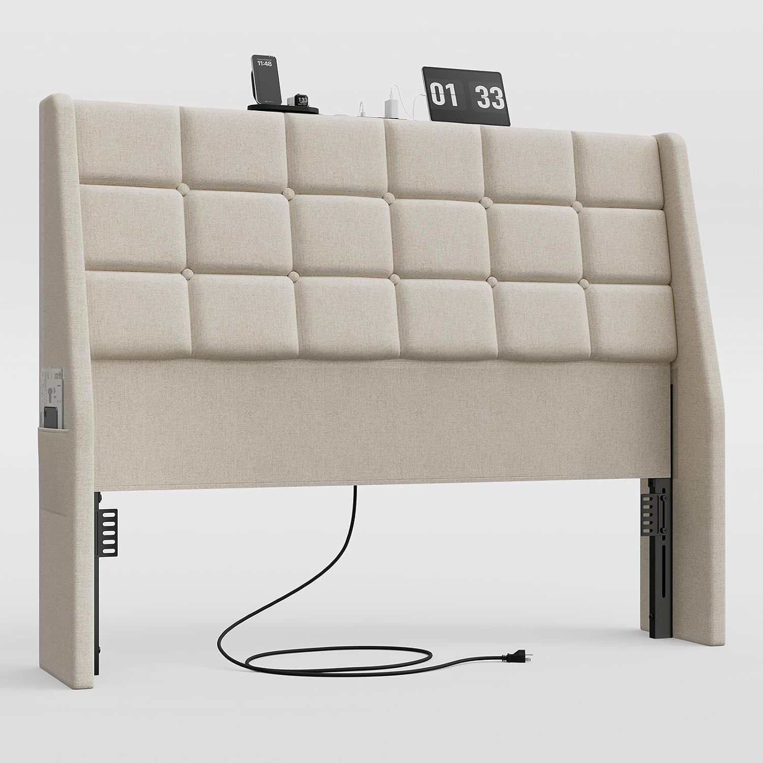 Ergonomic Upholstered Headboard Full Size w/Charging Station, Linen Wingback Headboards w/Storage Pocket, Full Headboard Only, Bed Frame Adapters, Sturdy Stable Solid Wood Bed Head Board, Beige