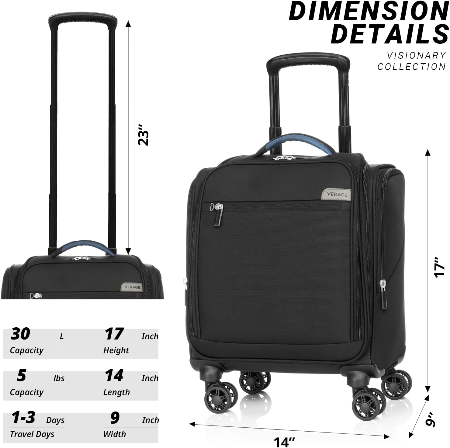 Verage Carry On Underseat Luggage with Wheels & USB Port, 14 Inch Wheeled Spinner Bag Carry-on Luggages for Airlines, Lightweight Suitcase Men Women, Pilots and Crew (14.5-Inch Plus Underseat)