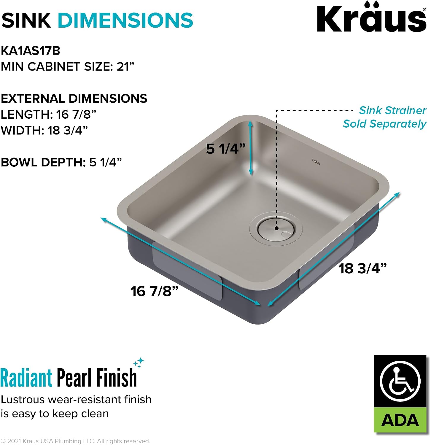 KRAUS Dex 17-inch Undermount 16 Gauge Stainless Steel Single Bowl ADA Kitchen Sink, KA1AS17B