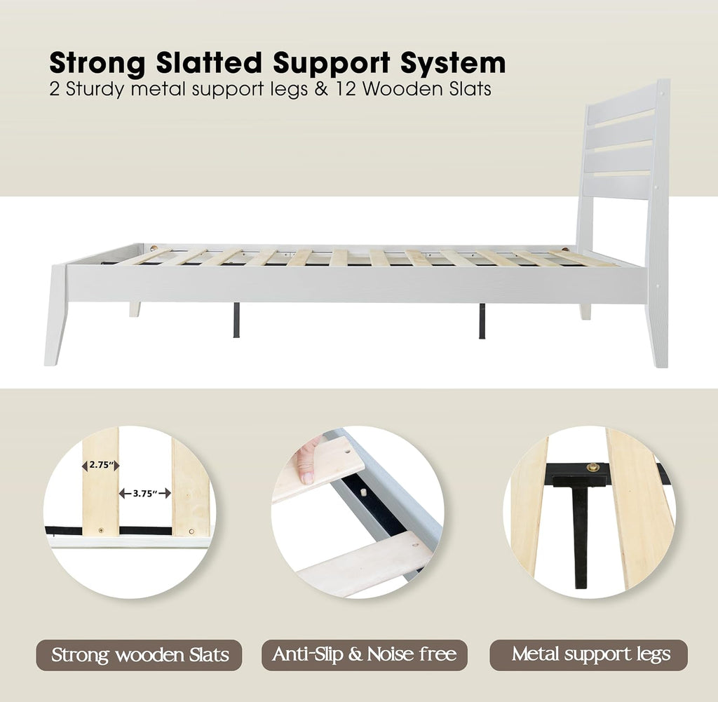 Full Size Solid Wood Platform Bed Frame with Headboard and Footboard, 12 Sturdy Slats, Center Metal Legs, Easy Assembly, No Box Spring Needed, Anti-Noise & Slip-Free Design, Pure White Finish. RKF-39