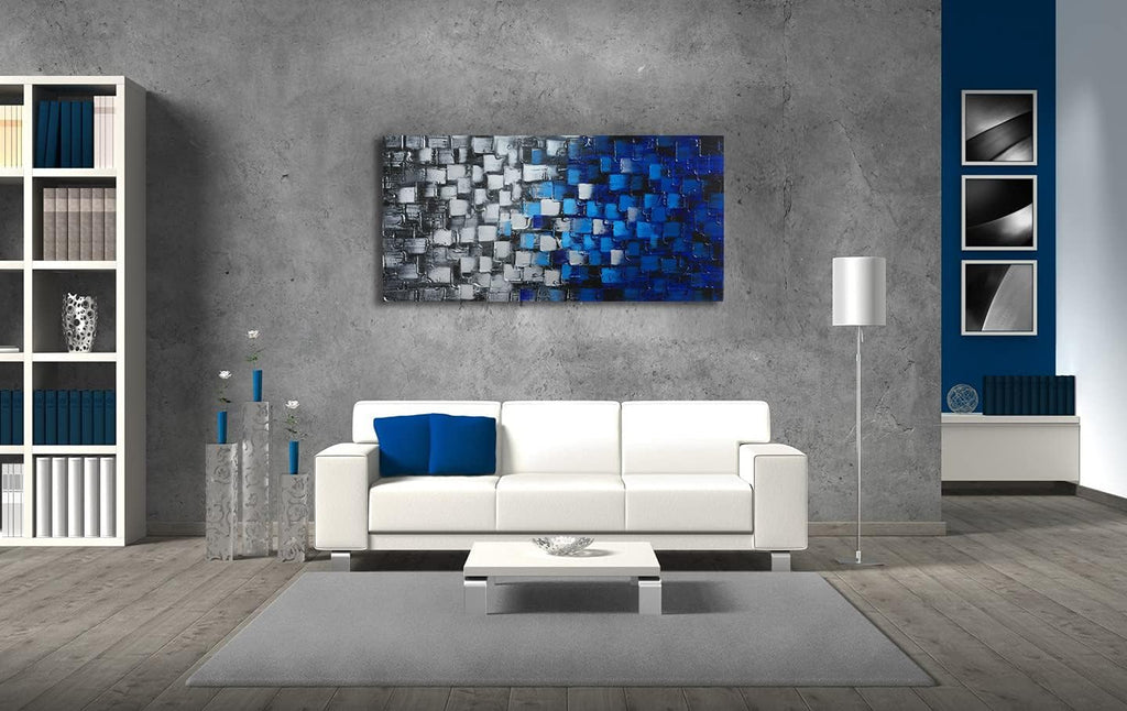 Abstract Dark Blue and Silver Painting Pictures Modern 3D Textured Squares Wall Art on Canvas for Home and Office Decoration Framed Ready to Hang 56x28inch