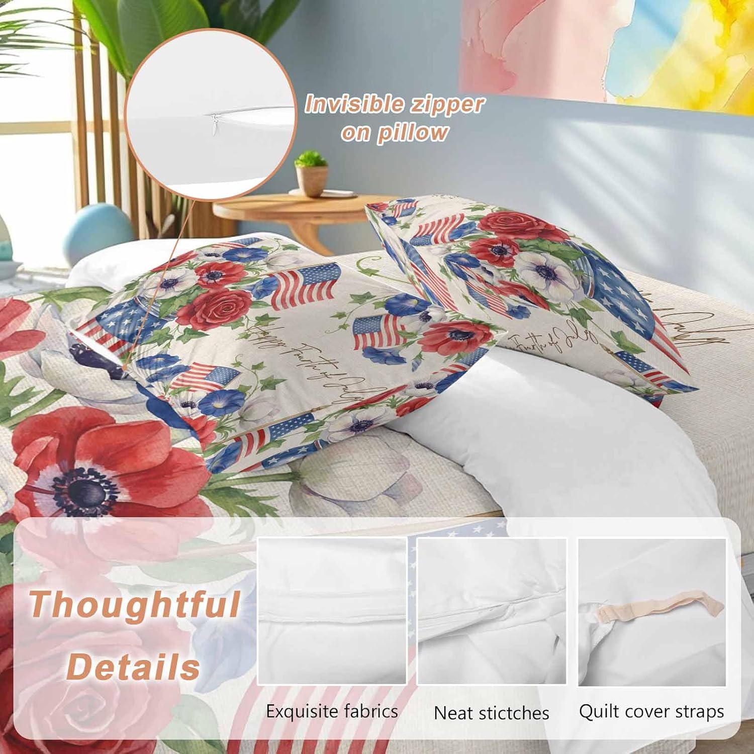 Happy Independence Day Duvet Cover Set Queen Size 4 Pieces U. S. Flag Flowers White Five-Pointed Stars Bedding Set with Zipper Closure, 1 Comforter Cover 92x106 Inches 1 Flat Sheet & 2 Pillow Cases