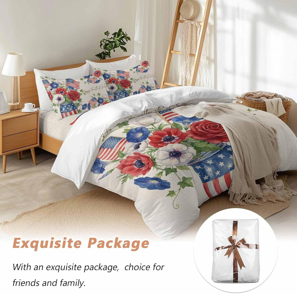 Happy Independence Day Duvet Cover Set Queen Size 4 Pieces U. S. Flag Flowers White Five-Pointed Stars Bedding Set with Zipper Closure, 1 Comforter Cover 92x106 Inches 1 Flat Sheet & 2 Pillow Cases
