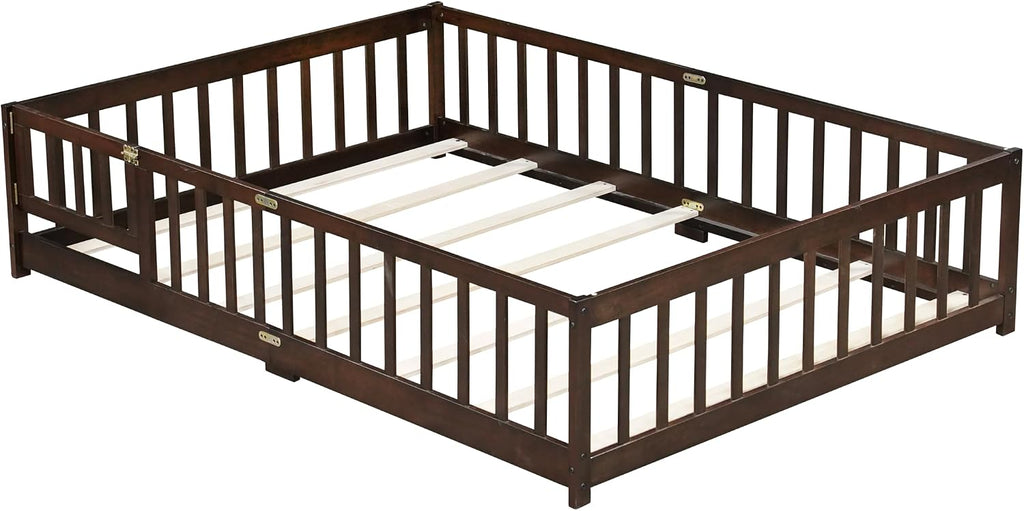 PVWIIK Full Size Floor Bed with Fence and Door,Easy to Assemble Wood Bedstead,Platform Bed w/Safety Guardrails/Near the Ground,Espresso