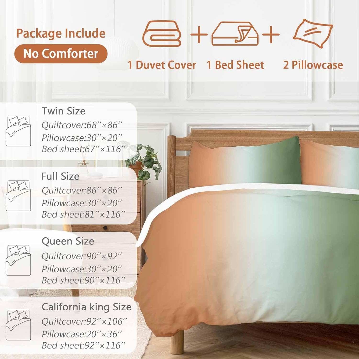Gradient Sage Green Duvet Cover Set Queen Size 4 Pieces Modern Minimalist Orange Green Ocean Beach Bedding Set with Zipper Closure, 1 Comforter Cover 86x86 Inches 1 Flat Sheet & 2 Pillow Cases