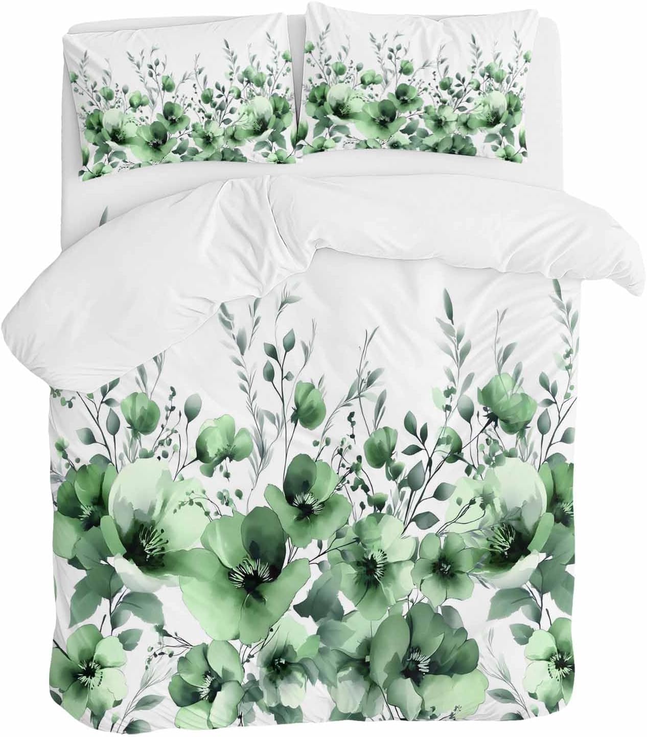 Prime Leader Spring Floral Duvet Cover Set Queen Size 4 Pieces Watercolor Green Flower Plants Country Bedding Set with Zipper Closure, 1 Comforter Cover 90x92 Inches 1 Flat Sheet & 2 Pillow Cases