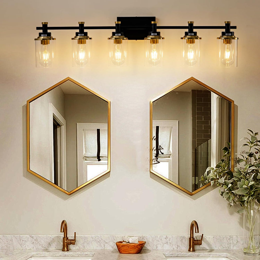6 Bathroom Vanity Lights, Black and Gold Bathroom Light Fixtures, Sconces Wall Lighting with Clear Glass Shade, Modern Brushed Gold Vanity Lighting Fixtures for Bathroom, Bedroom, Hallway
