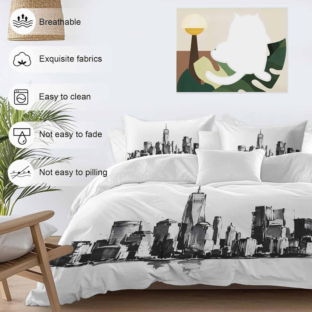 City Silhouette Duvet Cover Set Queen Size 4 Pieces Modern Minimalist Black and White Skyscraper Bedding Set with Zipper Closure, 1 Comforter Cover 86x86 Inches 1 Flat Sheet & 2 Pillow Cases