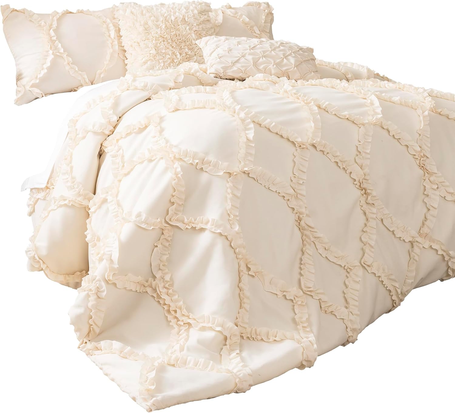 Lush Decor Avon Comforter Set, 3 Piece Set, King, Ivory - Romantic Farmhouse Bedding Set - Elegant Ruffle Bedding - Soft Textured Comforter - Country Cottage & Farmhouse Bedroom Decor