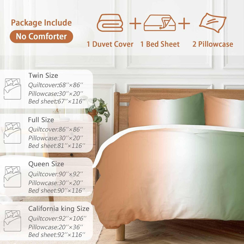 Gradient Sage Green Duvet Cover Set Queen Size 4 Pieces Modern Minimalist Sage Green Orange Ocean Beach Bedding Set with Zipper Closure, 1 Comforter Cover 86x86 Inches 1 Flat Sheet & 2 Pillow Cases