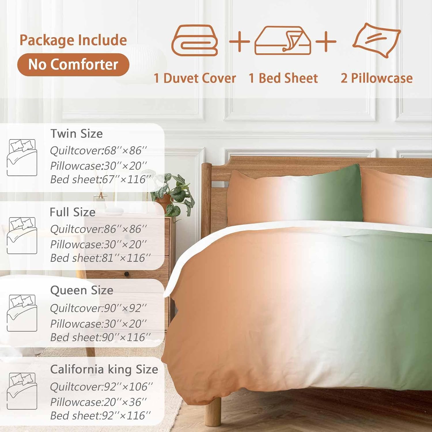 Gradient Sage Green Duvet Cover Set Queen Size 4 Pieces Modern Minimalist Sage Green Orange Ocean Beach Bedding Set with Zipper Closure, 1 Comforter Cover 86x86 Inches 1 Flat Sheet & 2 Pillow Cases