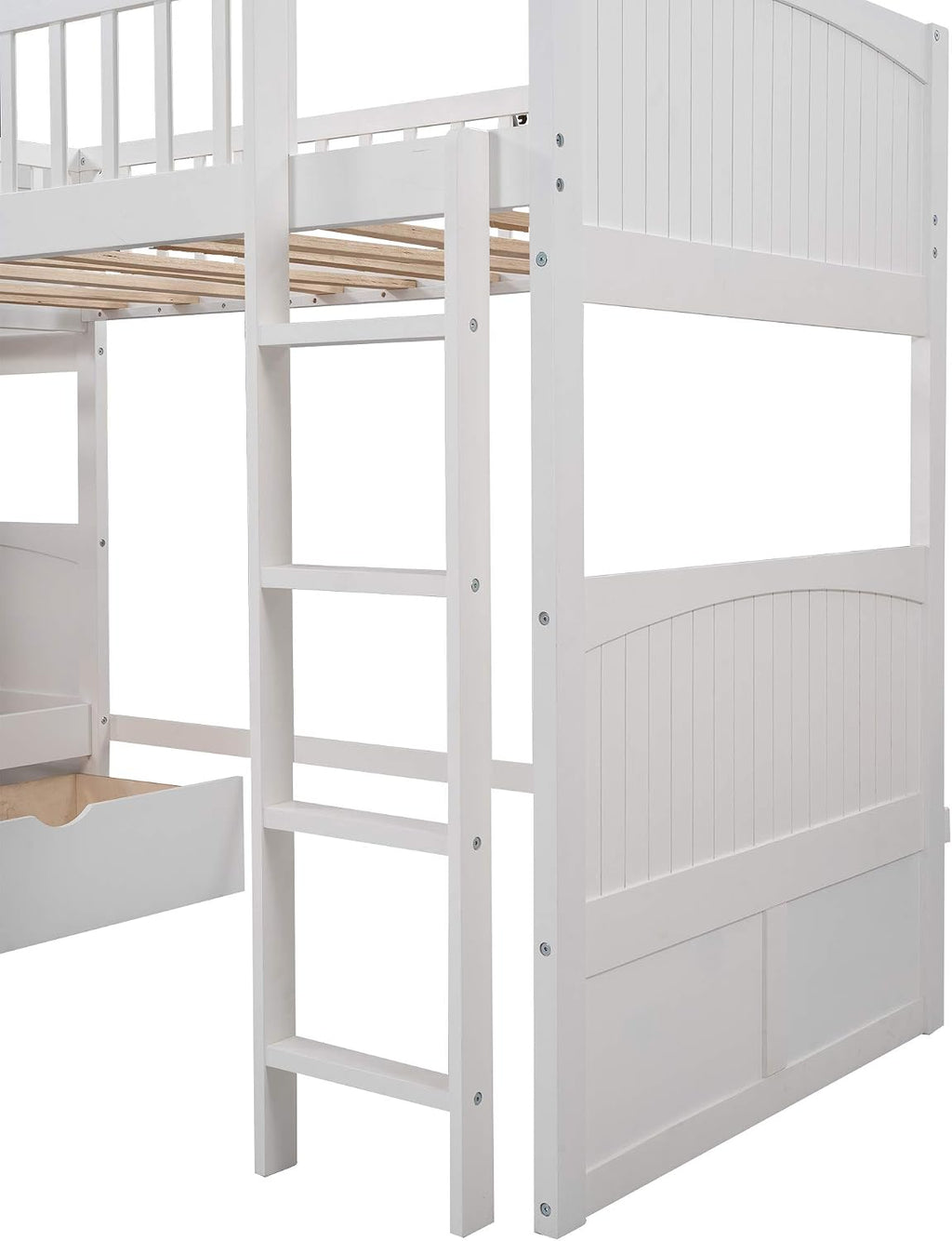 Twin Size Bunk Bed with a Loft Bed Attached and 2 Drawers,Bedroom Wood Bed Frame W/Space,Ladder,Rails,No Box Spring Required,for Girl Boy Kid,White