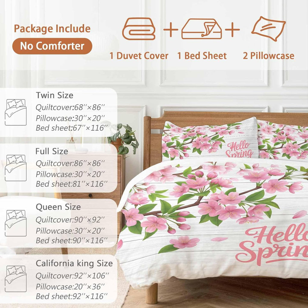 Hello Spring Floral Duvet Cover Set Queen Size 4 Pieces Watercolor Flower Green Leaves Wood Grain Bedding Set with Zipper Closure, 1 Comforter Cover 86x86 Inches 1 Flat Sheet & 2 Pillow Cases