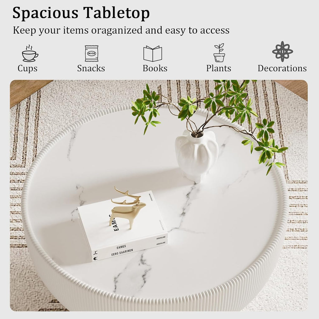Round Living Room Table Set, 27.56' White Drum Center Table and 19.69' Orange Center Table Set, 2 Pieces Coffee Table Set with Sintered Stone Tabletop, Fluted PU Leather Covered and Metal Base