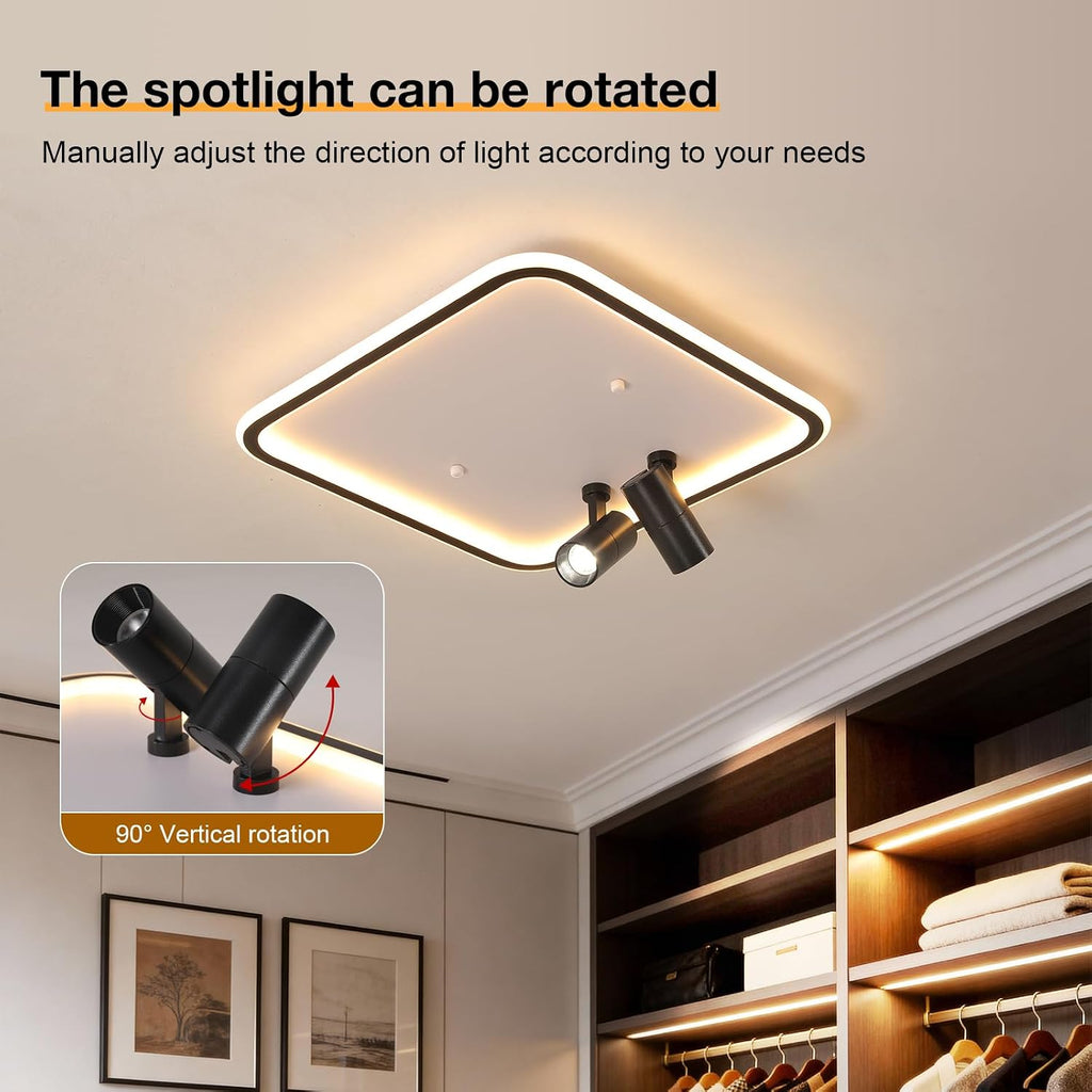 Shine LUEST Modern Square LED Flush Mount Ceiling Light Fixture, 2 Adjustable Spotlights, Black Frame White Shade Minimalist Lighting for Living Room Bedroom Kitchen