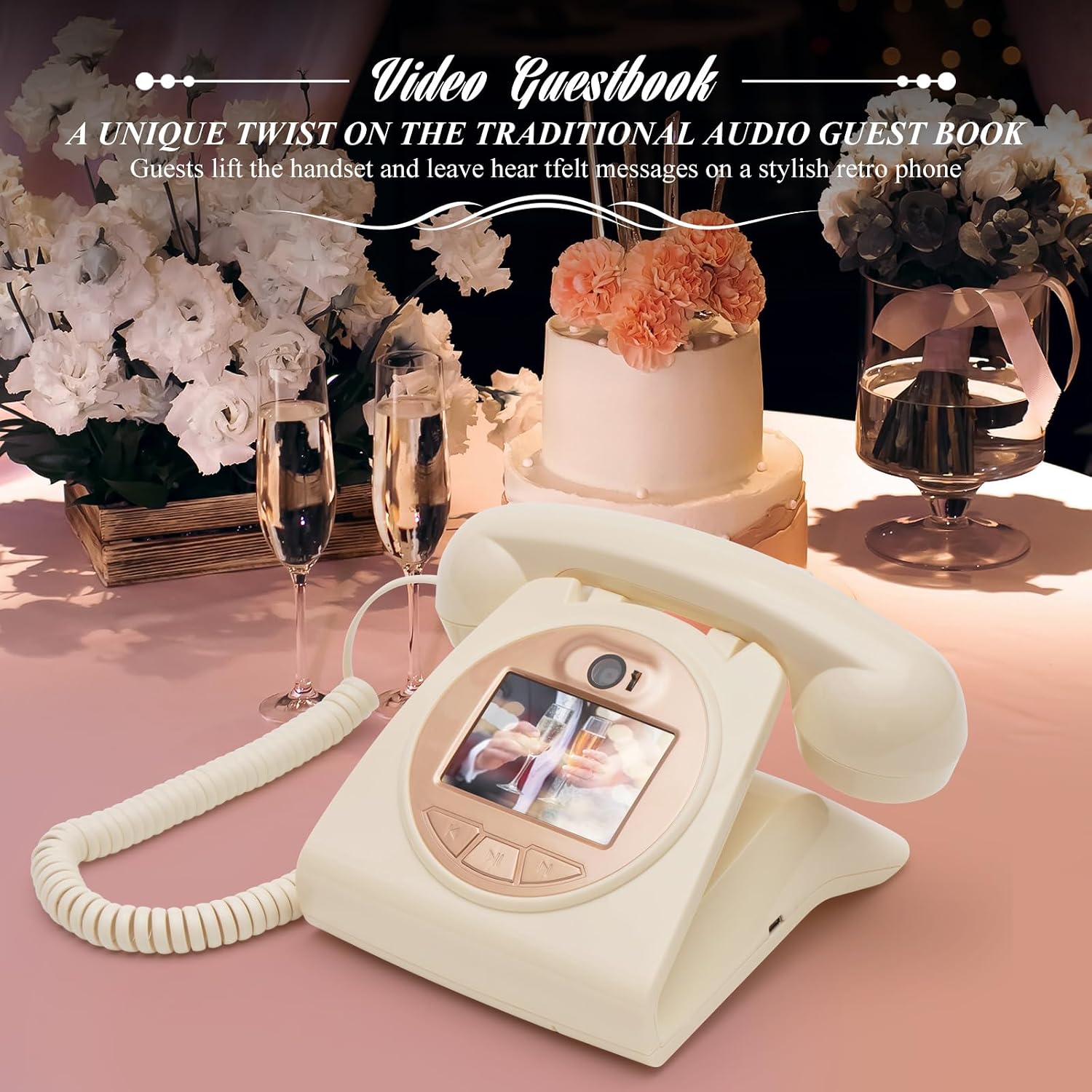 UKBW Video Audio Guest Book Wedding Phone, 1080P HD Video Audio Phone Guestbook, Preserve Your Special Occasions, Ideal for Wedding Bridal Shower, Birthday, Graduations, Baby Shower(Beige)