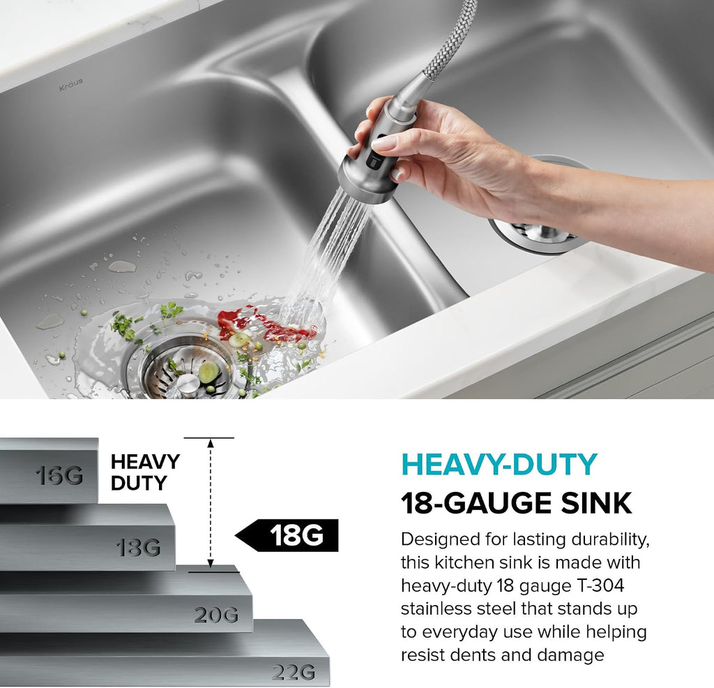 KRAUS Premier 32-inch Undermount 60/40 Double Bowl with Low Divider 18-Gauge Stainless Steel Kitchen Sink with Strainers (x2), KBU24