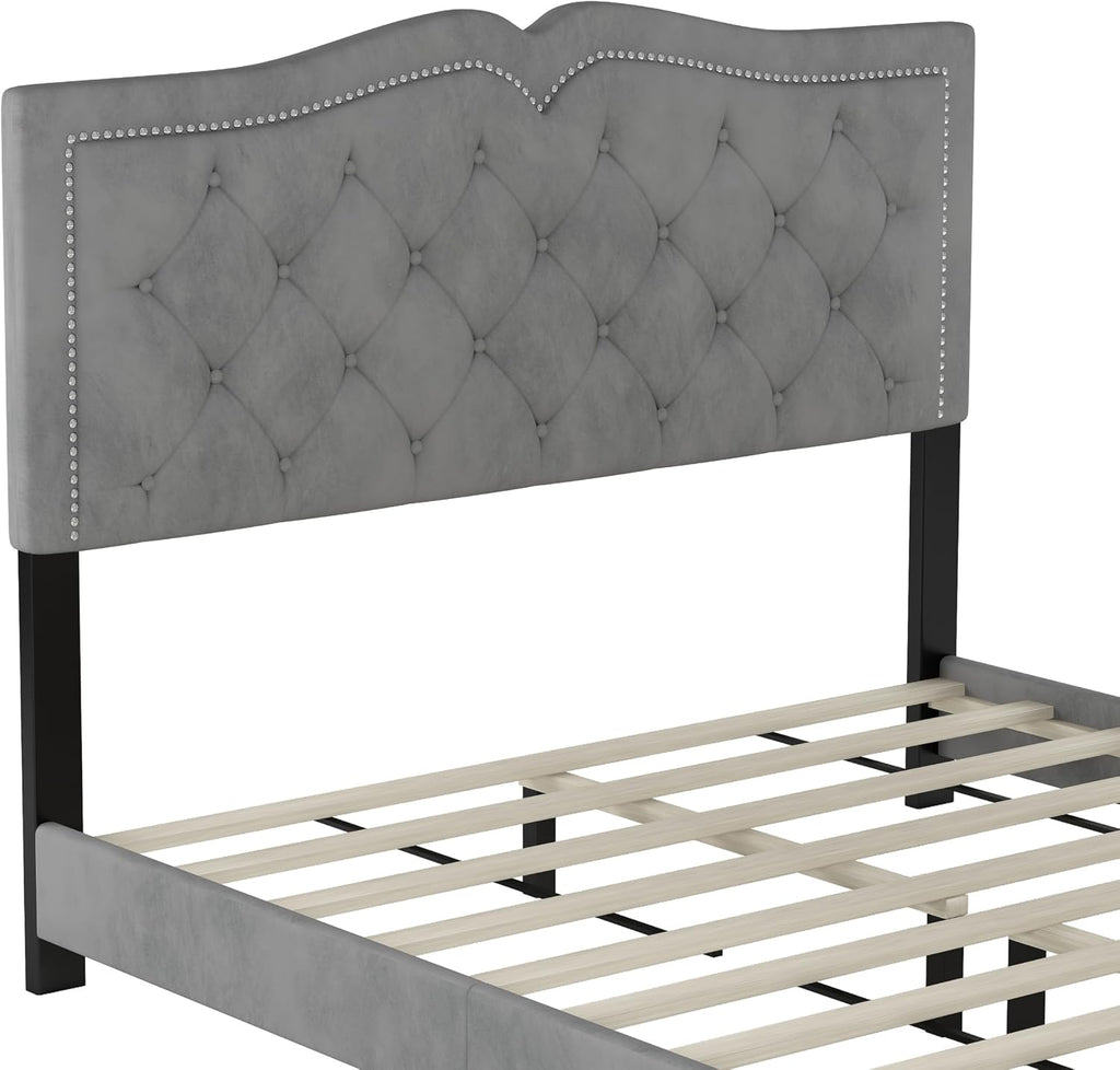 VilroCaz Elegant Velvet Design 3-Pieces Bedroom Sets, Modern Queen Size Platform Bed with 2 Nightstands, Bedside Table, Rivet Design Tufted Headboard