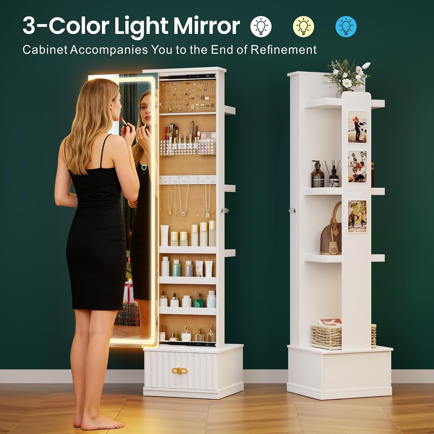 HNEBC LED Jewelry Cabinet Standing, Full Length Mirror with Storage/3 Color Adjustable LIghts, Jewelry Armoire has 3 Photo Frames/4 Shelfs/1 Drawer,Space-Saving Organizer,Gifts for Women