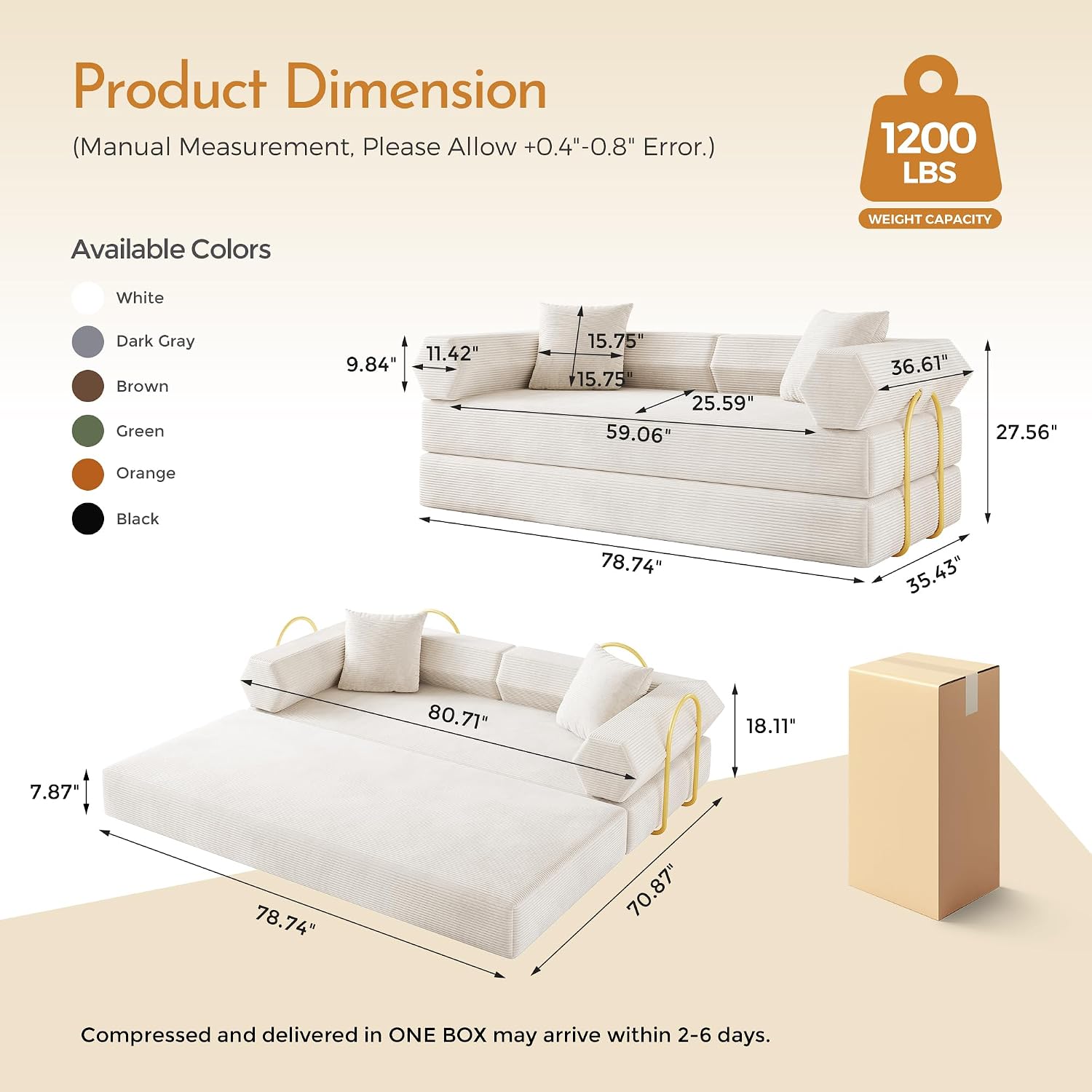 79'' Corduroy Convertible Sofa Bed, No Assembly Modular Folding Sleeper Couch, 5-in-1 Pull Out Bed with Removable Washable Cover, Space Saving Guest Bed for Living Room Apartment Bedroom (Beige White)