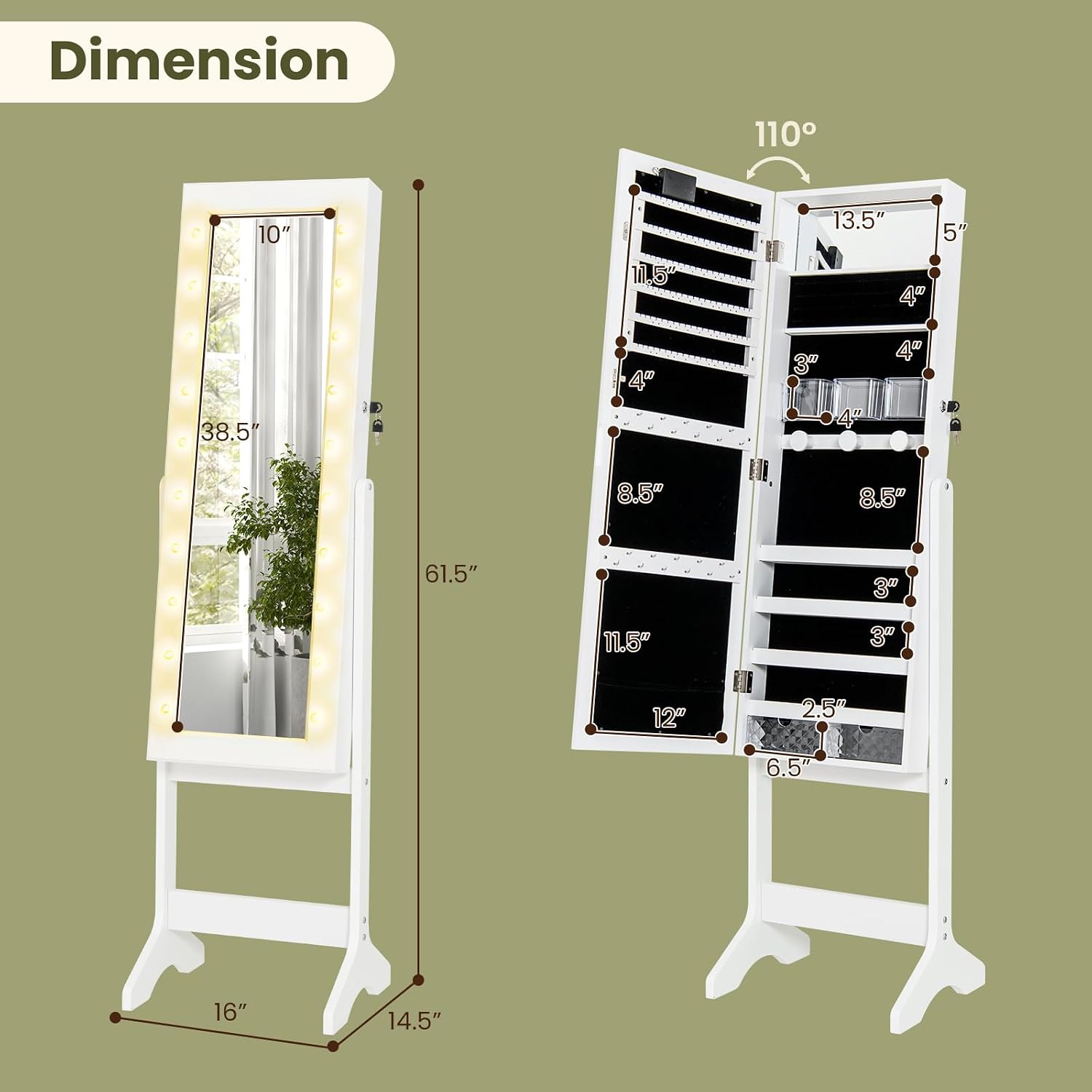 Giantex Standing Jewelry Armoire with Lighted Full Length Mirror, Lockable Jewelry Cabinet Organizer with 20 LED Lights, Adjustable Tilt, Large Storage for Earrings, Rings, Necklaces, White