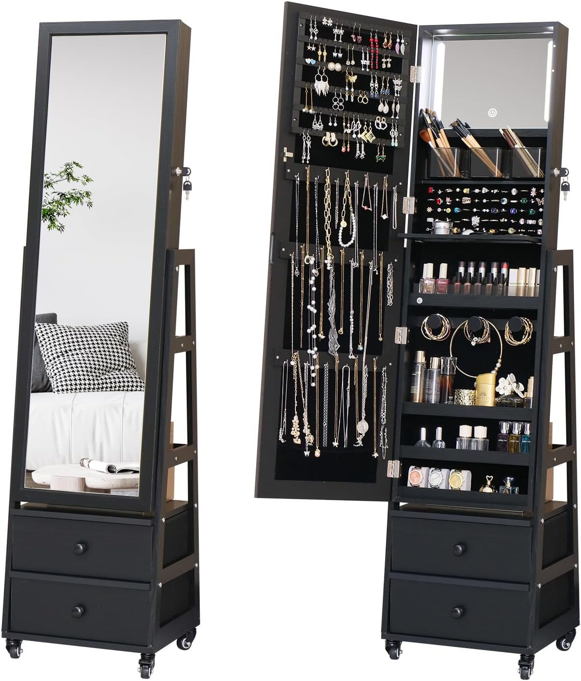 Jewelry Cabinet with Standing Mirror Lockable Full Length Mirror with Drawers Jewelry Organizer Armoire with Wheels,Floor Mirror with Back Storage Shelves for Bedroom Christmas Gift for Friend Black