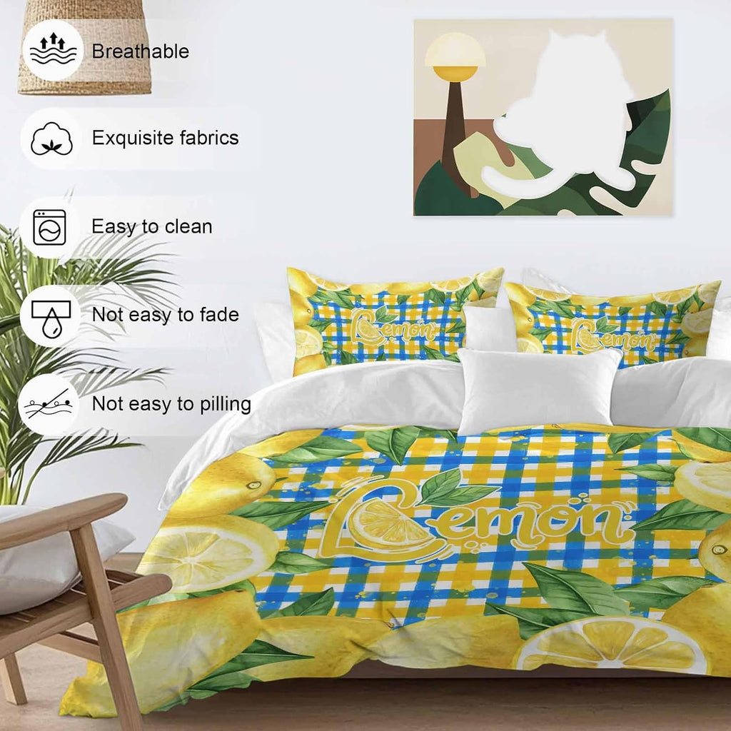Summer Fruit Duvet Cover Set Queen Size 4 Pieces Watercolor Lemon Frame Letter Print Blue Yellow Plaid Bedding Set with Zipper Closure, 1 Comforter Cover 92x106 Inches 1 Flat Sheet & 2 Pillow Cases