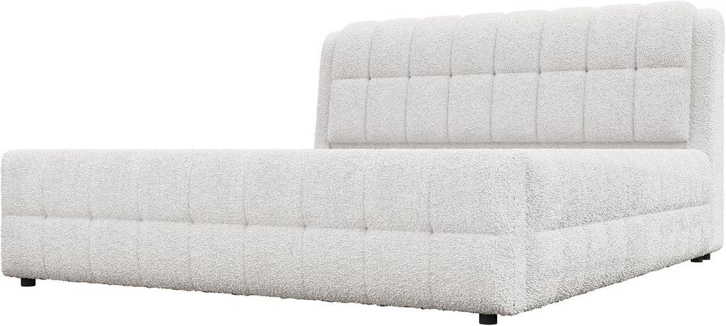 GDFStudio California King Size Upholstered Platform Bed, Boucle Bed Frame with Foam Headboard, Wood Slat Support for King Mattress, Modern Platform Bed for Master Bedroom, No Box Spring Needed, White