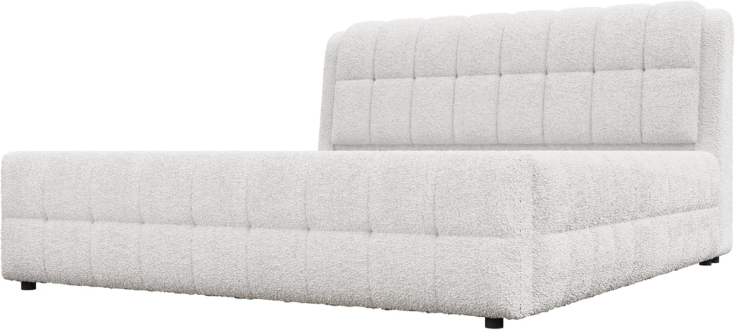 GDFStudio California King Size Upholstered Platform Bed, Boucle Bed Frame with Foam Headboard, Wood Slat Support for King Mattress, Modern Platform Bed for Master Bedroom, No Box Spring Needed, White