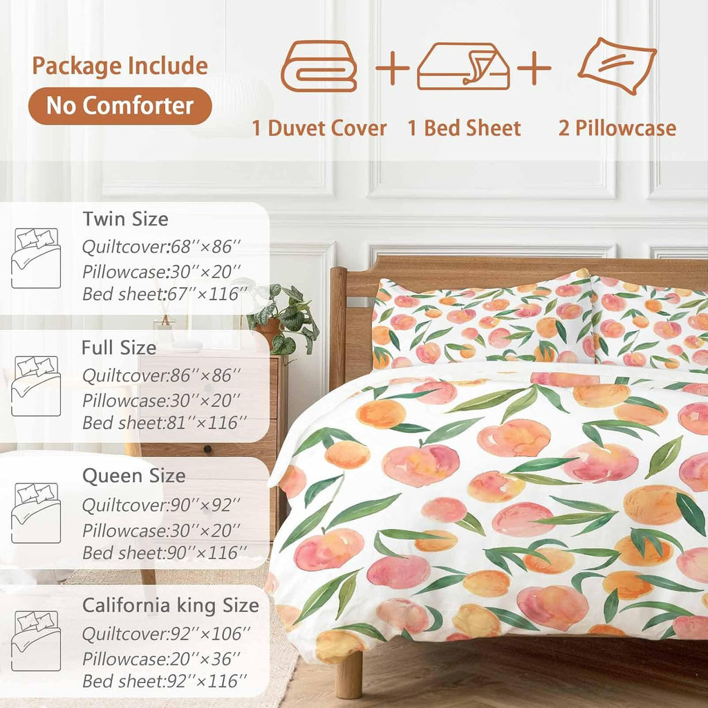 Peaches Watercolor Duvet Cover Set Queen Size 4 Pieces Pink Fruit Green Leaf Gradient Abstract Bedding Set with Zipper Closure, 1 Comforter Cover 92x106 Inches 1 Flat Sheet & 2 Pillow Cases