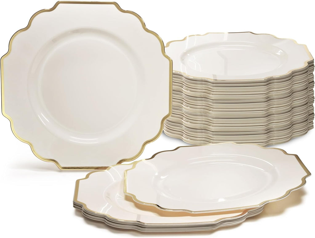 ' OCCASIONS ' 120 Plates Pack, Heavyweight Disposable Wedding Party Plastic Plates (10.5'' Dinner Plate,Imperial in Ivory & Gold)