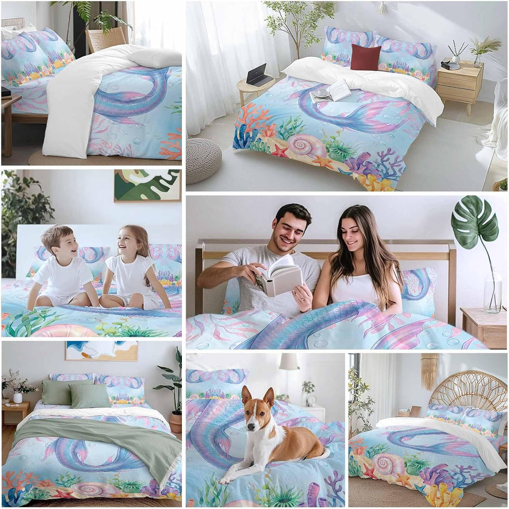 Ocean Marine Life Duvet Cover Set Queen Size 4 Pieces Watercolor Fish Tails Starfish Sea Nut Seagrass Bedding Set with Zipper Closure, 1 Comforter Cover 92x106 Inches 1 Flat Sheet & 2 Pillow Cases