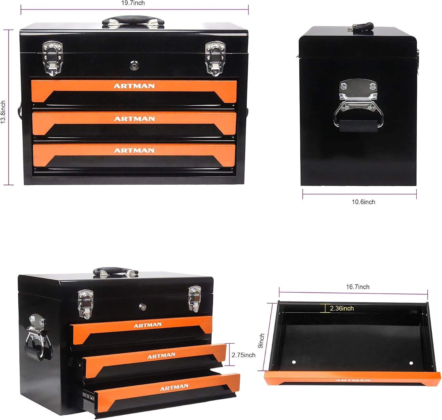 Tool Set and Mechanic Tool Set Box with Handle and 3-Drawer Heavy Duty Metal Box - 339 Piece Tool Kits for Adults Mechanics Workshop Maintenance and Repair Projects - Orange