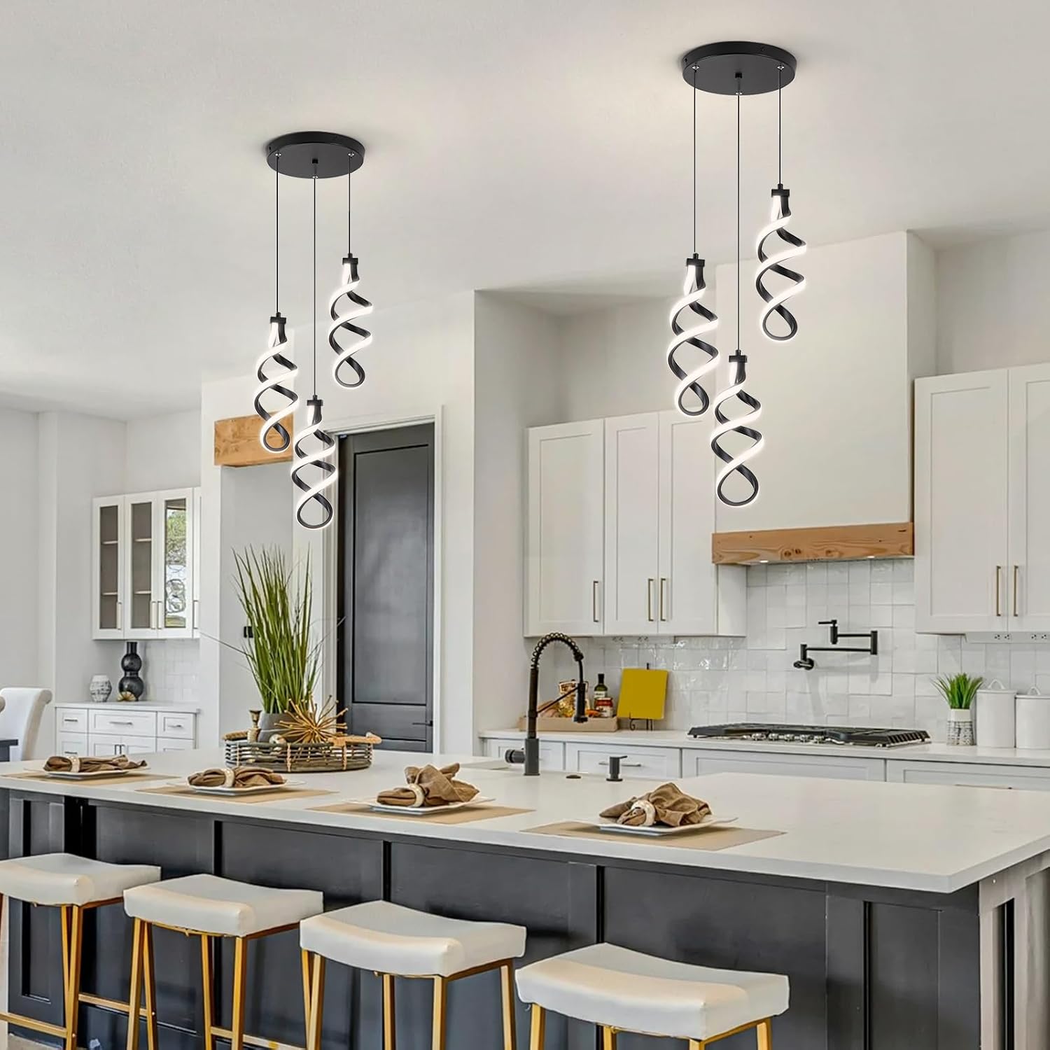 Modern Led Pendant Light Fixture, 45W Black Spiral Led Chandelier Hanging Lamp, 4500K 3 Light Cluster Pendant Lighting, Adjustable Height Pendant Light for Dining Room Bedroom Kitchen Island (3 Light)