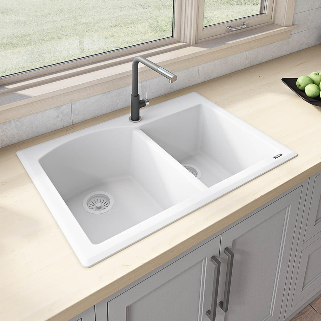 Ruvati 33 x 22 inch epiGranite Drop-in Topmount Granite Composite Quartz Double Bowl Kitchen Sink - Arctic White - RVG1344WH