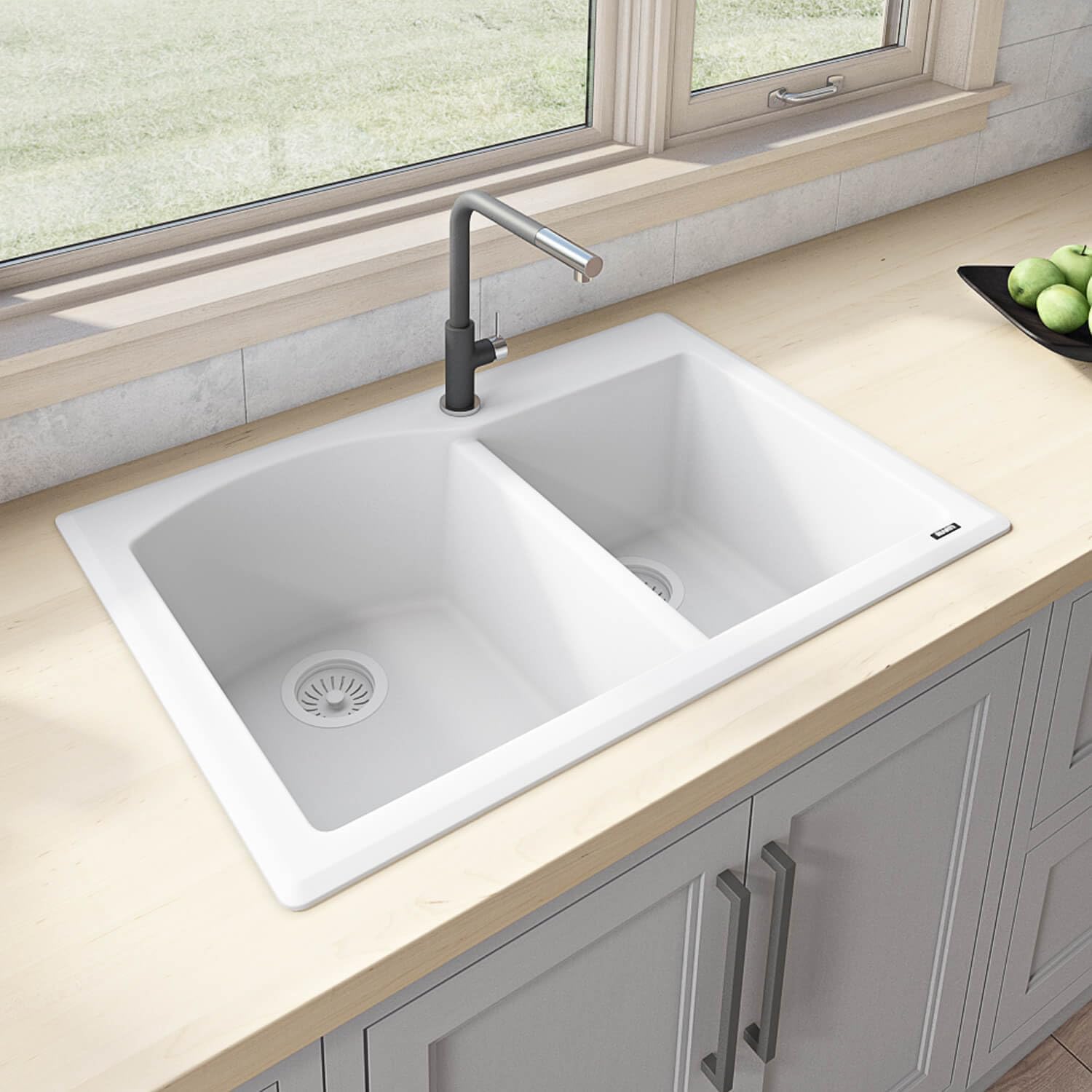 Ruvati 33 x 22 inch epiGranite Drop-in Topmount Granite Composite Quartz Double Bowl Kitchen Sink - Arctic White - RVG1344WH