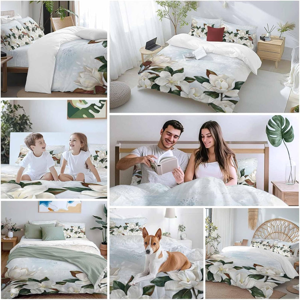 White Magnolia Duvet Cover Set Queen Size 4 Pieces Watercolor Flower Floral Plants Leaf Farmhouse Bedding Set with Zipper Closure, 1 Comforter Cover 92x106 Inches 1 Flat Sheet & 2 Pillow Cases