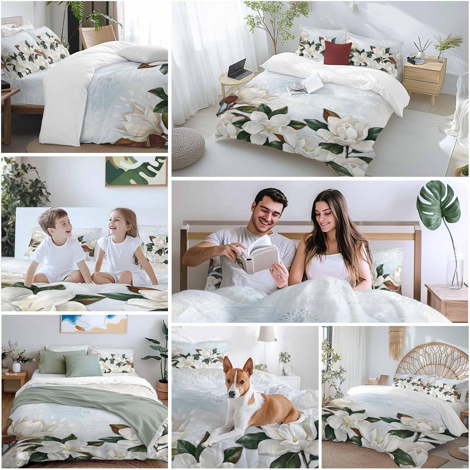 White Magnolia Duvet Cover Set Queen Size 4 Pieces Watercolor Flower Floral Plants Leaf Farmhouse Bedding Set with Zipper Closure, 1 Comforter Cover 92x106 Inches 1 Flat Sheet & 2 Pillow Cases