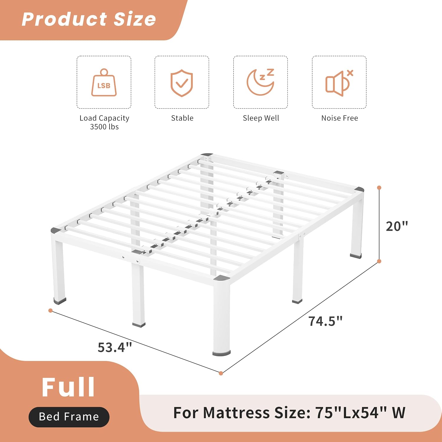 VIPSHOW 20 Inch White Full Heavy Duty 3500 lbs Bed Frame with Round-Corner Legs & Anti-Squeak Design – Quick Assembly Metal Platform, No Box Spring Needed