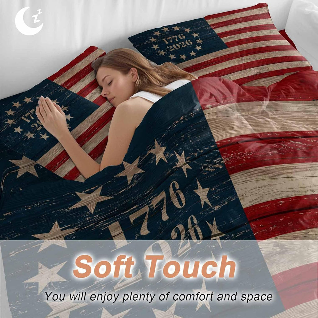 Independence Day Duvet Cover Set Queen Size 4 Pieces Retro American Flag Patriotic Red Blue Stripe Star Bedding Set with Zipper Closure, 1 Comforter Cover 92x106 Inches 1 Flat Sheet & 2 Pillow Cases
