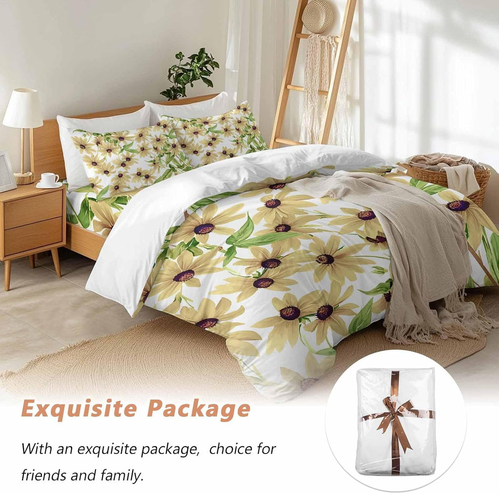 Light Yellow Sunflower Duvet Cover Set Queen Size 4 Pieces Watercolor Flower Green Leaf Spring Country Bedding Set with Zipper Closure, 1 Comforter Cover 92x106 Inches 1 Flat Sheet & 2 Pillow Cases
