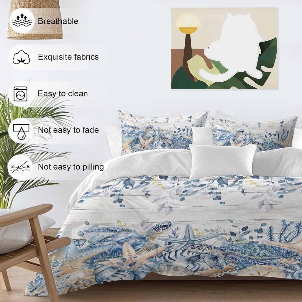 Ocean Turtle Duvet Cover Set Queen Size 4 Pieces Retro Sea Stars Shells Blue Leaf Wood Grain Bedding Set with Zipper Closure, 1 Comforter Cover 92x106 Inches 1 Flat Sheet & 2 Pillow Cases
