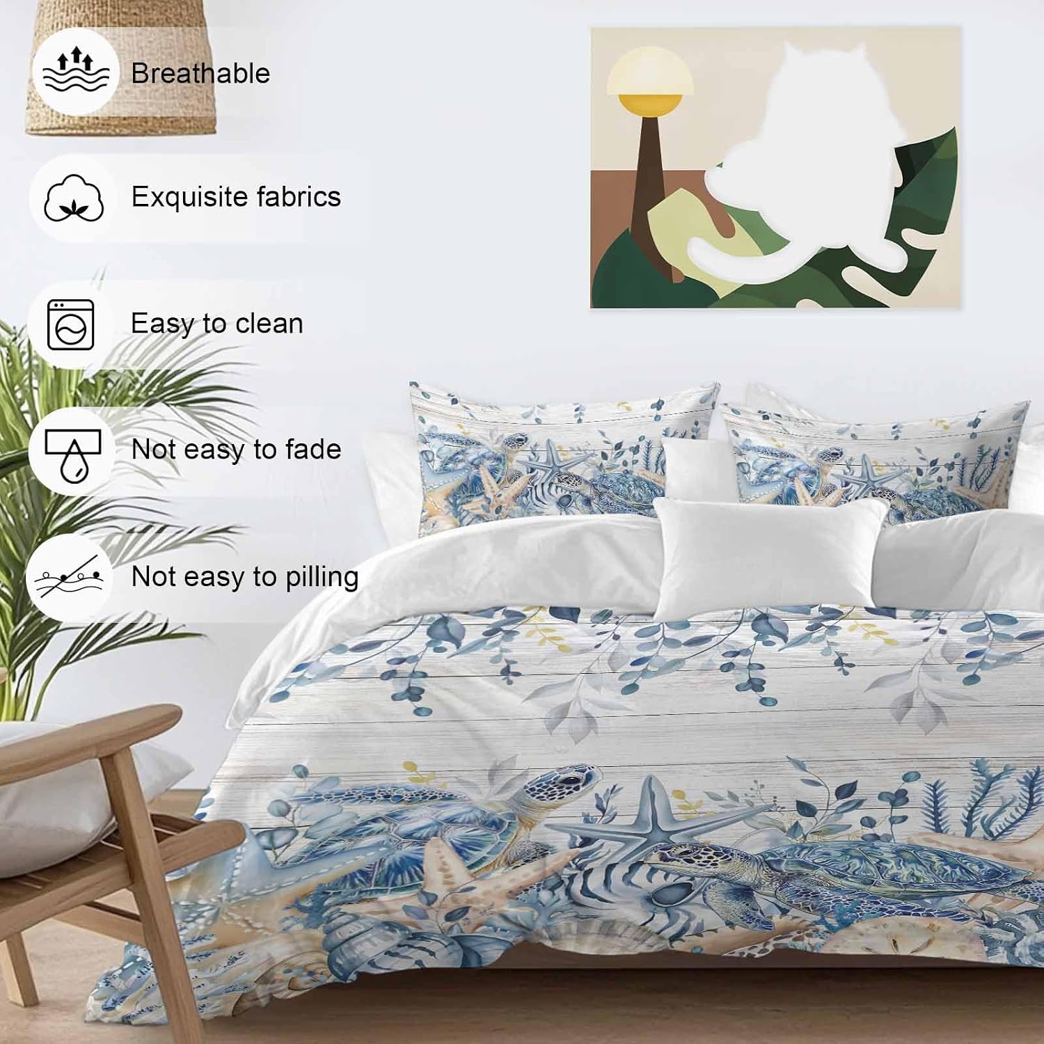 Ocean Turtle Duvet Cover Set Queen Size 4 Pieces Retro Sea Stars Shells Blue Leaf Wood Grain Bedding Set with Zipper Closure, 1 Comforter Cover 92x106 Inches 1 Flat Sheet & 2 Pillow Cases
